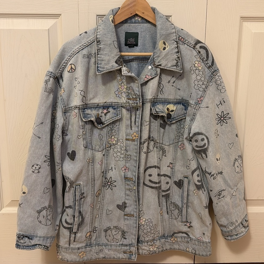 Wild fable Graphic oversized Denim Jacket with Doodle Art size small